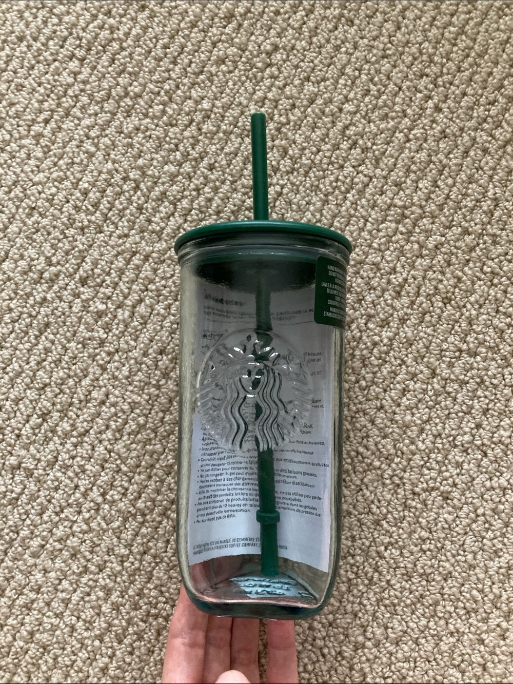 NEW Starbucks Clear Glass Tumbler with Dark Green Lid Straw NWT - Picture 2 of 7
